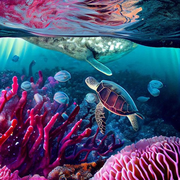 Schildkröte schwimmt über einem farbenfrohen Korallenriff