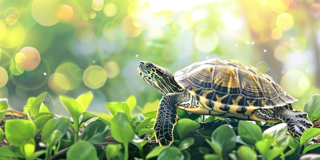 Schildkröte sitzt auf einem üppig grünen Feld