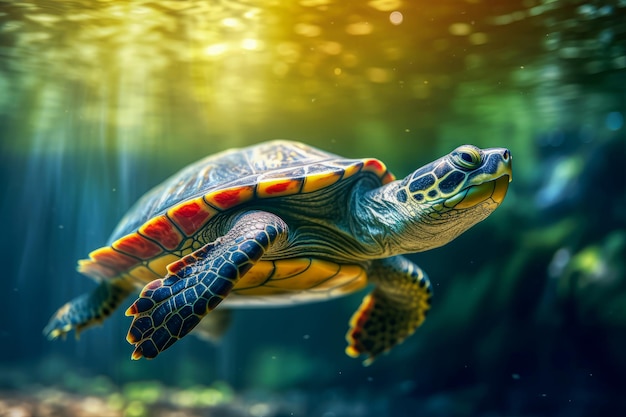Schildkröte unter Wasser mit leuchtenden Farben