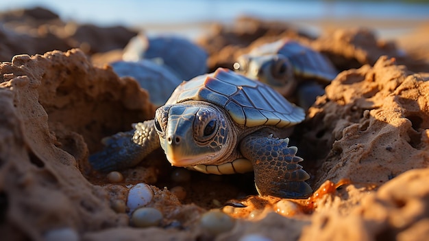 Schildkröten schlüpfen aus Eiern am Strand und kriechen ins Meer