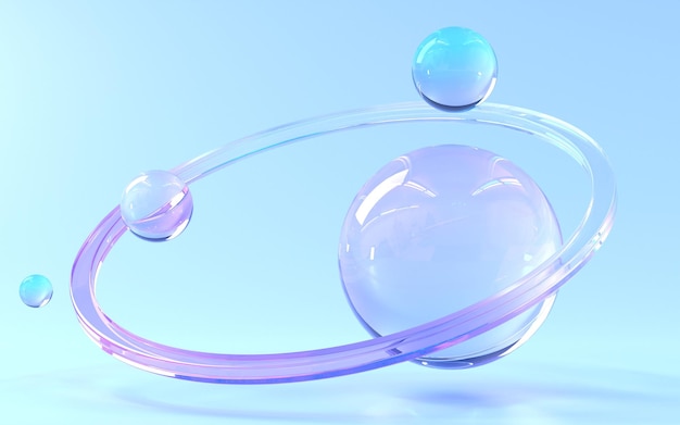 Schillernde Kristallkugeln mit Ring 3D-Rendering Glas futuristischer Planet abstrakte Raumkomposition aus geometrischen Formen mit holografischer Gradiententextur isoliertes kosmisches Kunstobjekt