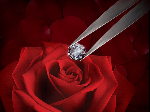 Schillernder Diamant in einer Pinzette auf dem Hintergrund schöner roter Rosenblätter