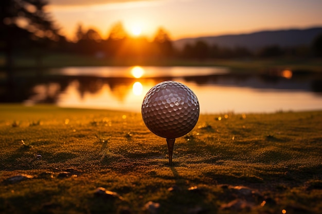 Schillernder Sonnenuntergang mit Golfschläger und Ball auf dem Platz