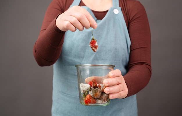 Schimmelige Erdbeerfrüchte mit Fleckenpilz in einem Glas, faule Erdbeeren, Zersetzung der Lebensmittel