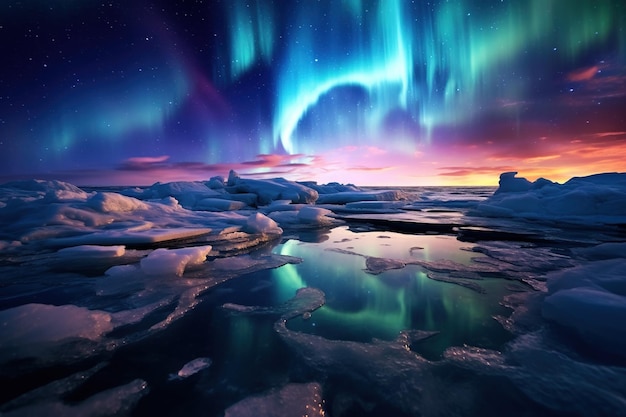 Schimmernde Aurora Borealis-Simulation über einer eisigen Tundra-Landschaft