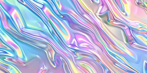 Schimmernde Textur mit einem regenbogenförmigen metallischen Glanz und einem iridescenten Gradienten, die einen holographischen Effekt auf einer perlenfarbenen Oberfläche für Designdrucke in weichen Farbtönen und lebendigen Neonen erzeugt