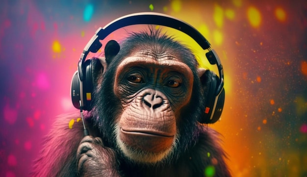 Schimpanse trägt Kopfhörer und hört Musik auf einem farbenfrohen Hintergrund. Generative KI