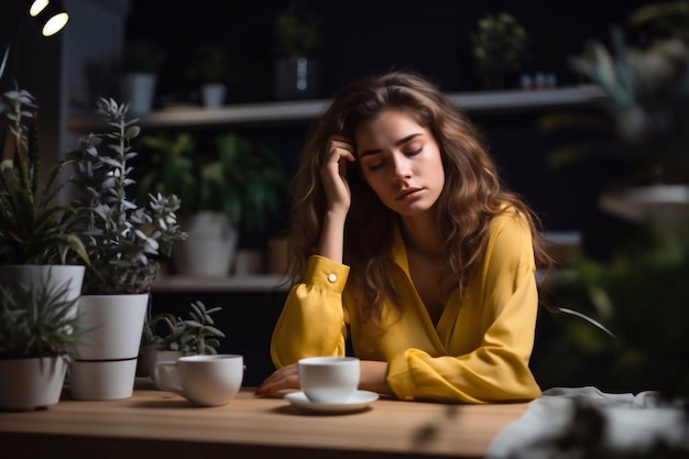 Schläfrige junge Frau, die Kaffee trinkt, sich müde fühlt, an Schlaflosigkeit und Schlafstörungen leidet Sa