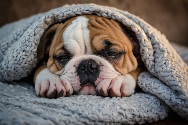 Schläfriger Bulldog in einer gemütlichen Decke gekuschelt