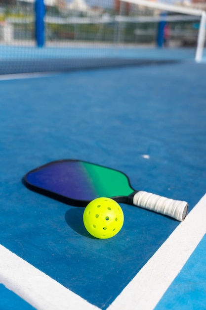 Schläger und Pickleballball auf einem Spielfeld