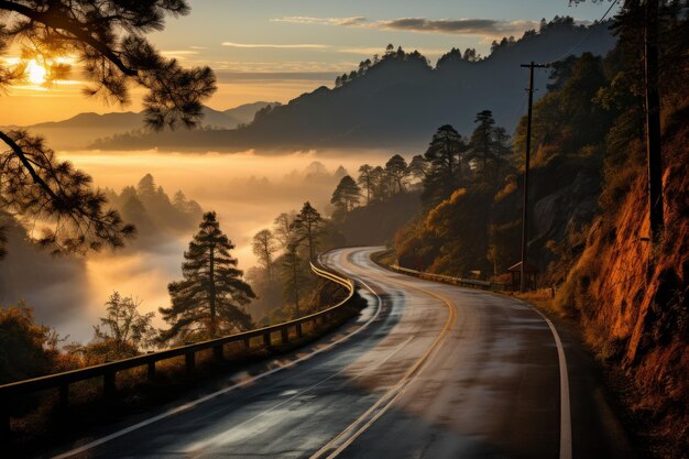 Schlängelnde Bergstraße bei Sonnenaufgang Generative KI