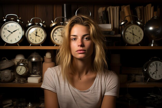 Foto schlafende schöne frau mit wecker