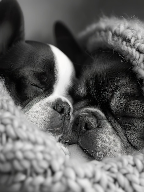Schlafender Bulldog und Welpe in Schwarz-Weiß Eltern und Welpe teilen einen zarten Moment in Monochrom
