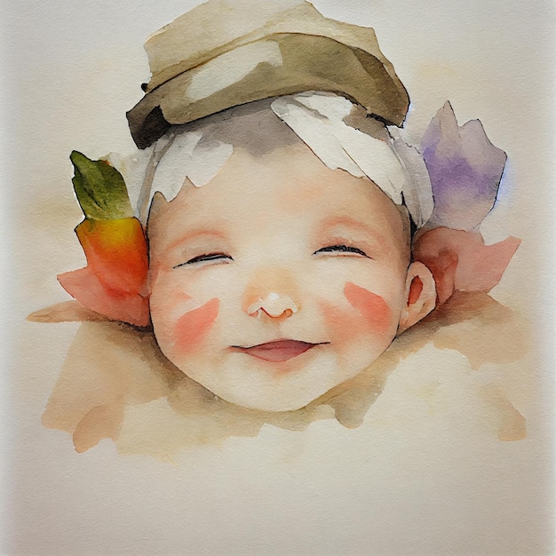 Schlafendes Baby mit Blumen. Aquarell eines entzückenden Neugeborenen. Illustration für Geburt, Feier