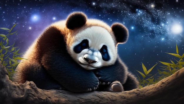 Schlafendes riesiges Panda-Baby mit sternenreichem Nachthimmel Generative Ai