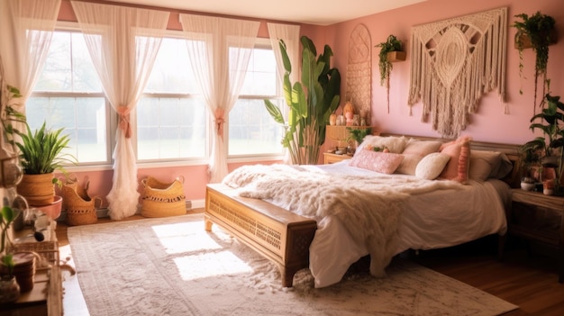 Schlafzimmer-Dekoration, Inneneinrichtung, Boho-Chic, Retro-Stil mit Makramee-Wandkunst, dekoriert mit Holz und Rattan-Material Generative AI AIG26
