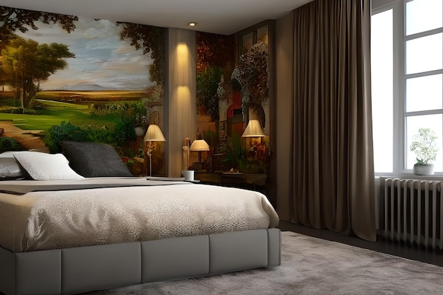 Schlafzimmer für ein frisch verheiratetes Paar Gemälde an der Wand über den künstlerischen Wänden des Bettes
