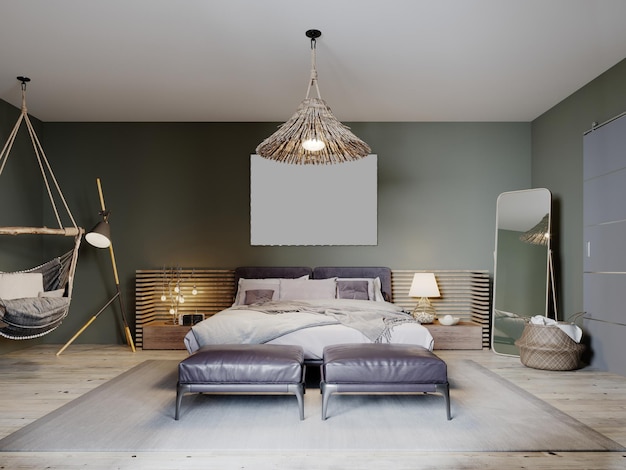 Schlafzimmer im Boho-Stil mit olivfarbenen Wänden und zwei Lederhockern. 3D-Rendering.