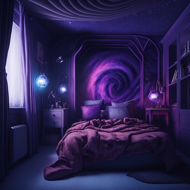 Schlafzimmer im Galaxy-Stil in Lila-Tönen