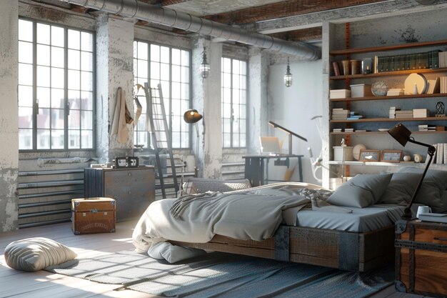 Schlafzimmer im industriellen Loft-Stil mit freiliegenden Balken und