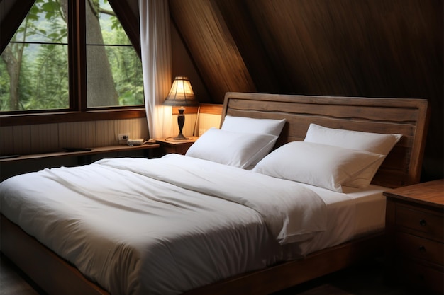 Schlafzimmer im Lanna-Stil mit einladendem weißem Bettzeug aus Teak in einem Holzhaus