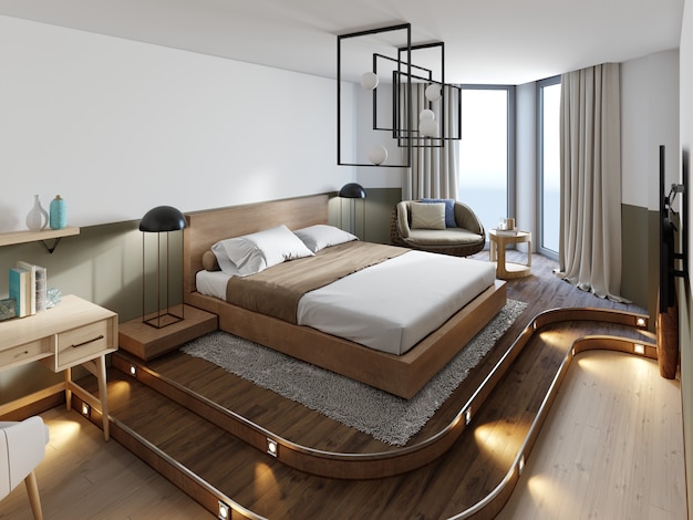 Schlafzimmer im Loft-Stil aus Holz mit Holzpodest für Standbett. Das Öko-Design-Schema ist hell und minimalistisch mit Rotang-Stuhl und Arbeitsplatte. 3D-Rendering.