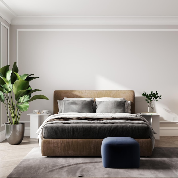 Schlafzimmer im skandinavischen Stil im Inneren des Hauses 3D-Rendering