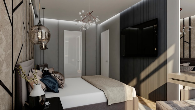 Schlafzimmer Interieur des 3D-Renderingdesigns