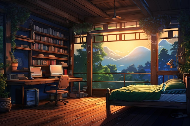 Schlafzimmer-Interieur mit Blick auf die Berge aus dem Fenster Raum Cartoon-Stil