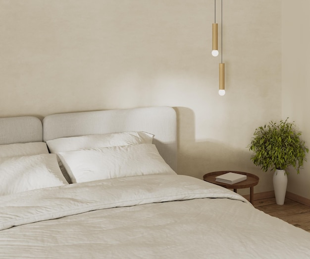 Foto schlafzimmer-interieurmodell mit großem bett, nachttisch in nahaufnahme mit pendelleuchte über sonnenlicht an der wand, 3d-rendering