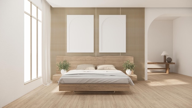 Schlafzimmer japanischer minimaler Stil Moderne weiße Wand und Holzboden Zimmer minimalistische 3D-Darstellung