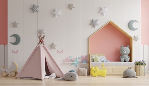 Schlafzimmer Kinder / Kinderzimmer auf Bettboden mit Kissen im bunten Schlafzimmer.