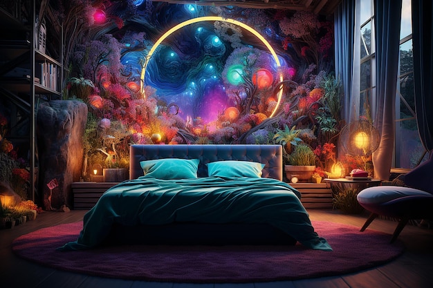 Schlafzimmer mit Bett und Lampe, 3D-Rendering von Mike