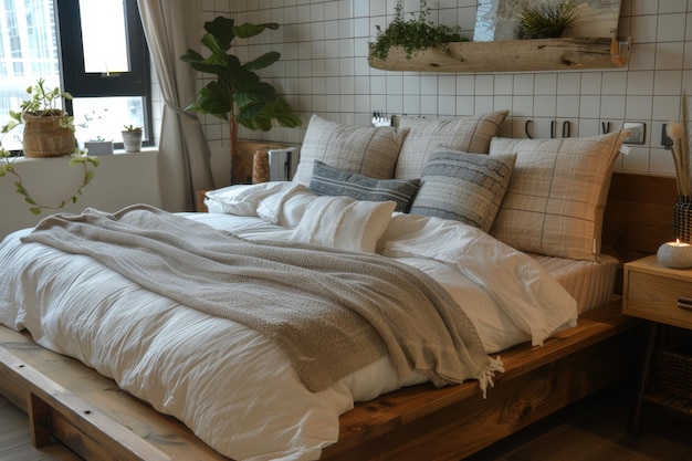 Schlafzimmer mit Bett und Pflanze an der Wand