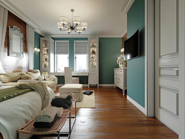 Schlafzimmer mit einem Schlafsofa und einem Tisch am Fenster, Einrichtung im provenzalischen Stil mit weißen Möbeln und blauen Wänden. 3D-Rendering