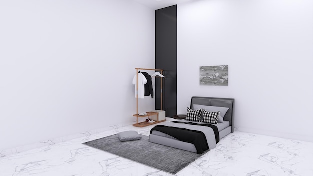 Schlafzimmer mit einfachen Möbeln und Wandmodell für Jungen