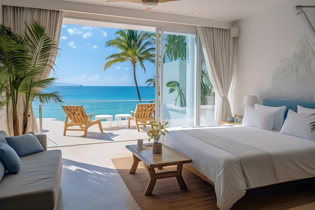 Schlafzimmer mit Meerblick, bequemem Bett, weißer Wand, natürlichem Licht, tropischen Pflanzen und Balkon in einem luxuriösen Resort