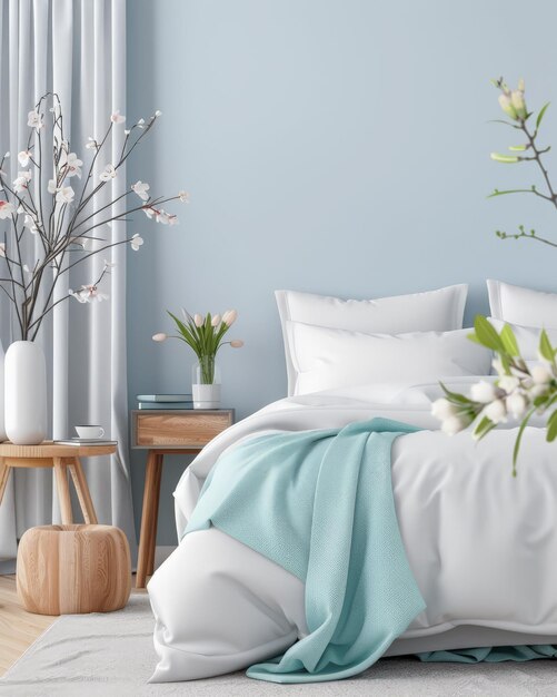 Schlafzimmer mit minimalistischer Dekoration und minimalistischen Möbeln in weichen Pastelltönen