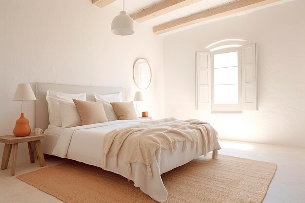 Schlafzimmer mit minimalistischer Inszenierung in beige und sauberen Farben Hausdekorationskonzept