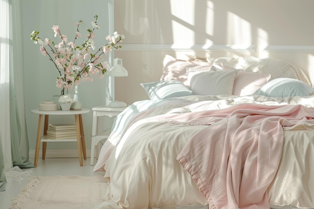 Schlafzimmer mit pastellfarbener Bettwäsche Bequemes Bett im hellen Schlafzimmerinterieur Generative KI