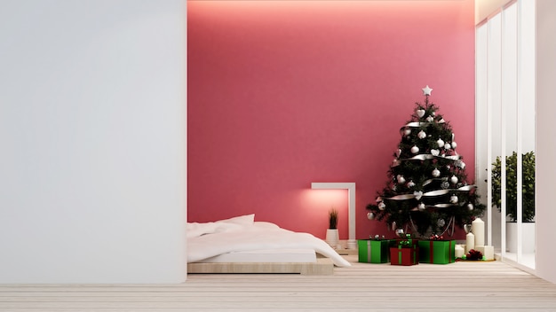 Schlafzimmer mit Weihnachtsbaum im Haus oder in der Wohnung - Innenarchitektur - Wiedergabe 3D