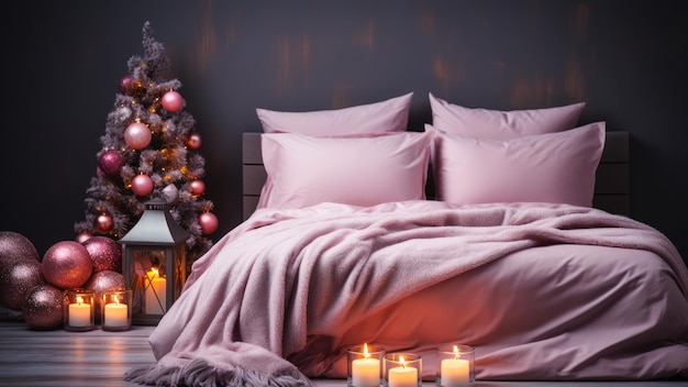 Schlafzimmer-Projektdesign in Rosatönen, Zimmer dekoriert für Weihnachtshaus-Projektidee
