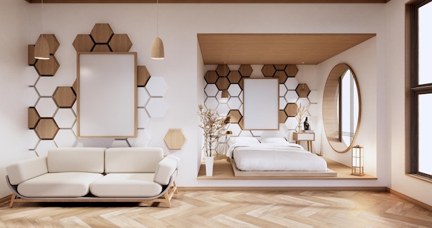 Schlafzimmer Sechskantfliesen aus Holz, weiß an der Wand Moderner Raum minimalistisch. 3D-Rendering