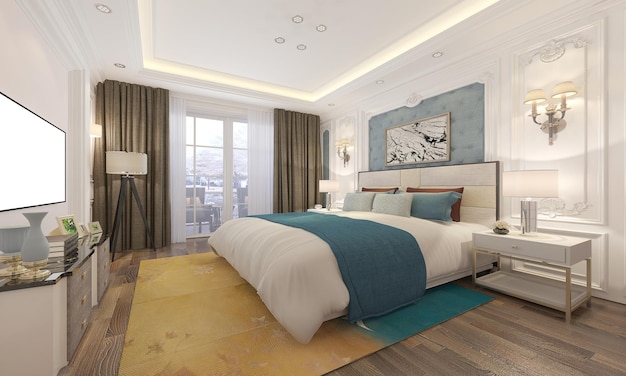 Schlafzimmer und Wohnzimmer mit luxuriösem Dekor 3D-Rendering