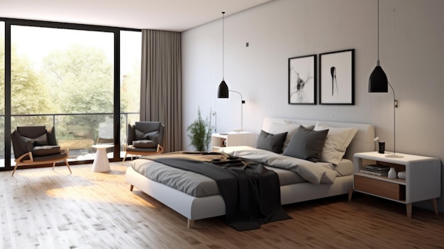 Schlafzimmerdekor, Innenarchitektur im modernen skandinavischen Stil