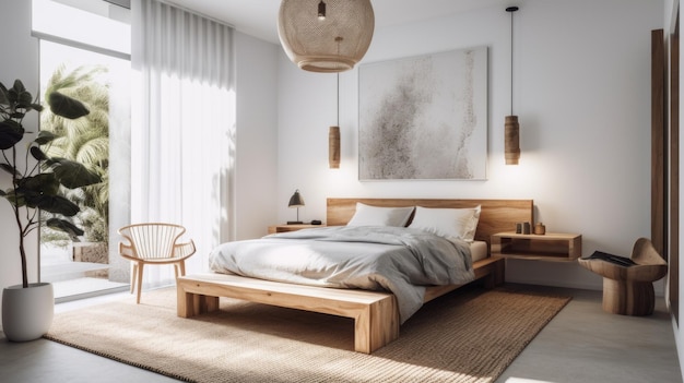 Schlafzimmerdekor, Inneneinrichtung im skandinavischen minimalistischen Stil mit Statement-Anhänger, dekoriert mit Holz und weißem Wandmaterial Generative AI AIG26