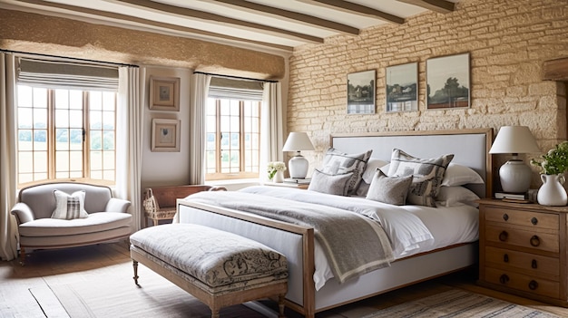 Schlafzimmerdekoration im Cottage-Stil Innenarchitektur und Heimdekoration Bett mit eleganter Bettwäsche und maßgeschneiderten Möbeln Englisches Landhaus oder Ferienvermietung Interieur
