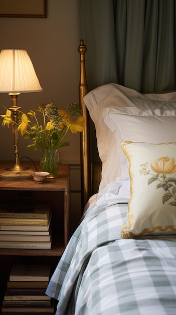 Schlafzimmerdekoration moderne Hütte Innenarchitektur und Heimdekoration Bettwäsche und elegante ländliche Bettzeuglampe und Blumen Inspiration für englischen Landhausstil