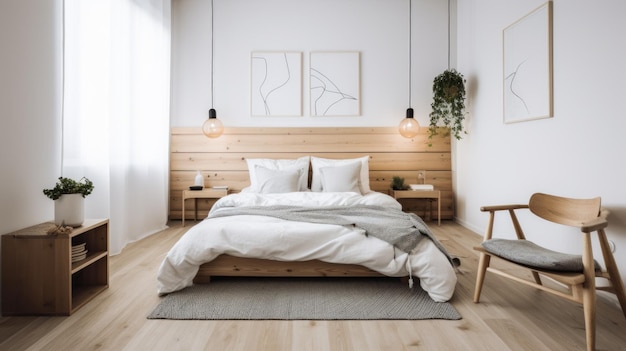 Schlafzimmerdekorationen, Innenarchitektur, skandinavischer minimalistischer Stil mit mit Holz und weißen Wänden dekoriertem Aufhängermaterial Generative AI AIG26
