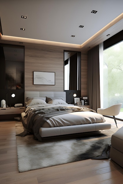 Schlafzimmereinrichtung im klassischen Stil mit modernem Bett in einem von der KI generierten Luxushaus